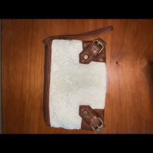 Faux leather and lace pouch wristlet